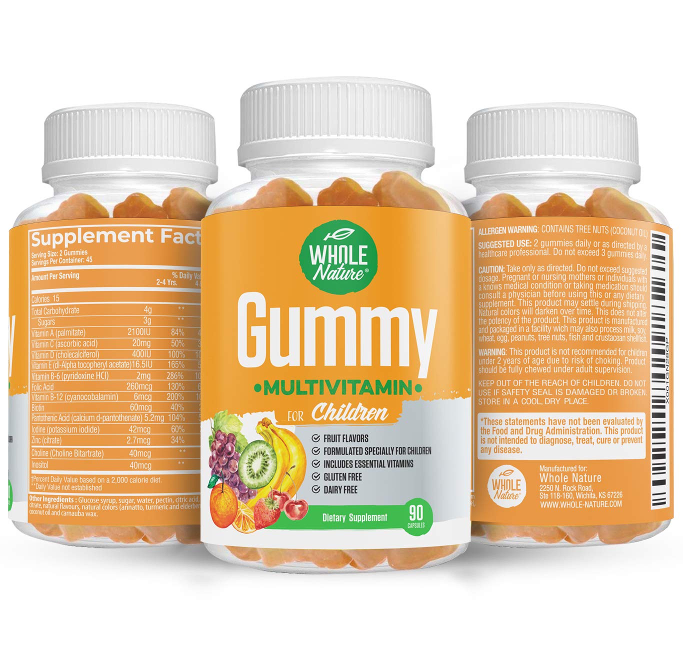 90-count bottle of Whole Nature Kids Gummy Multivitamin ready for daily use