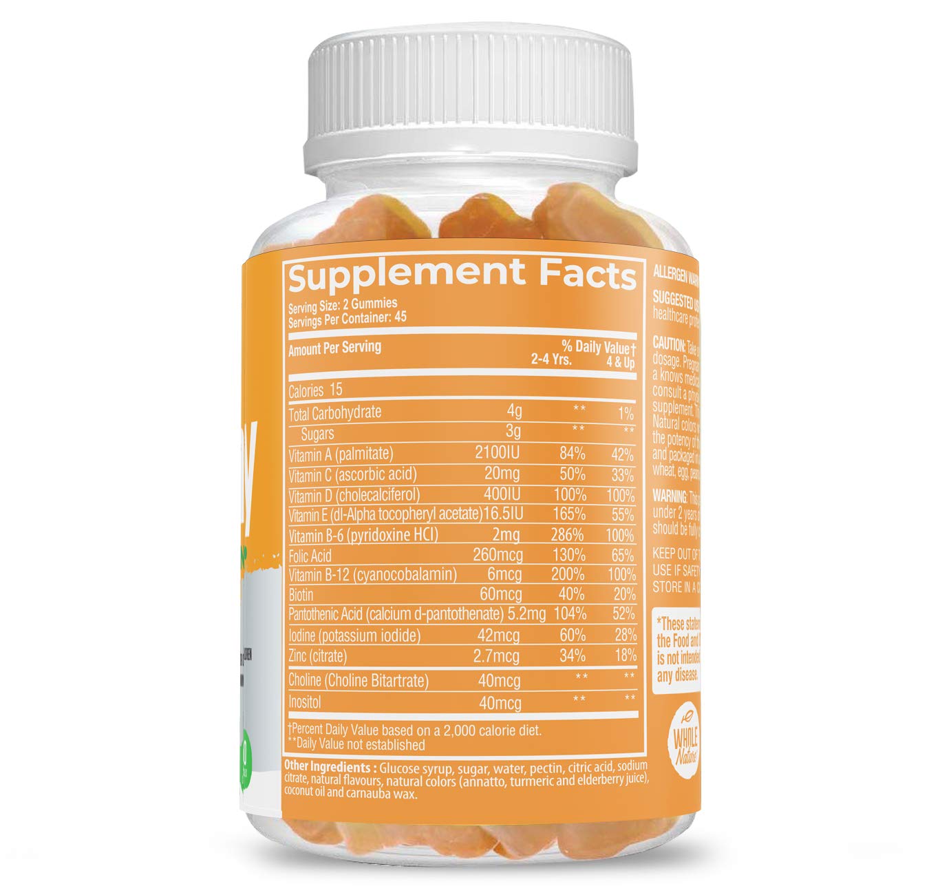 Ingredient list on Whole Nature Kids Gummy Multivitamin packaging