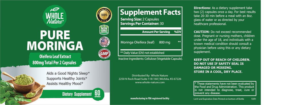 Whole Nature Moringa capsules GMP-certified label communicates trust.
