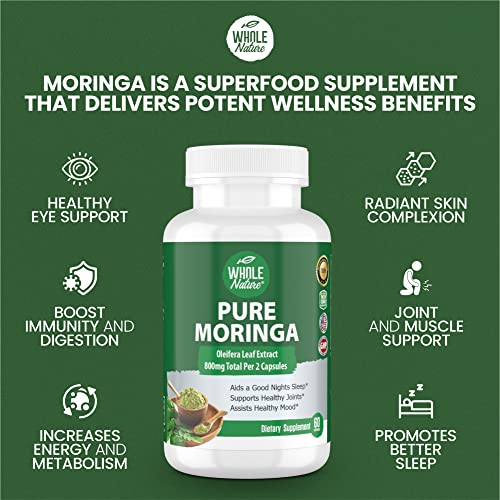 Whole Nature Moringa capsules leaf powder closeup shows natural origin.