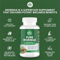 Whole Nature Moringa capsules leaf powder closeup shows natural origin.