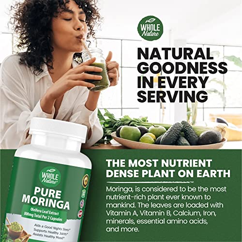 Whole Nature Moringa capsules packaging label highlights organic non-GMO quality.