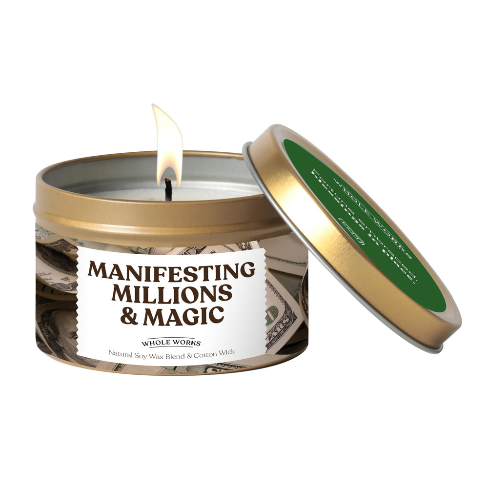 Whole Works energy cleansing candle label close-up for home rituals and calm ambiance.