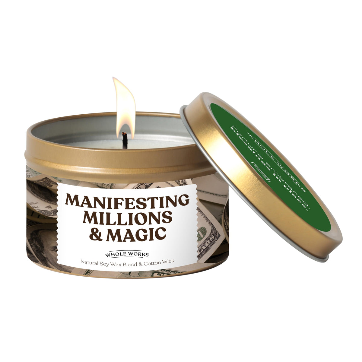 Whole Works energy cleansing candle label close-up for home rituals and calm ambiance.