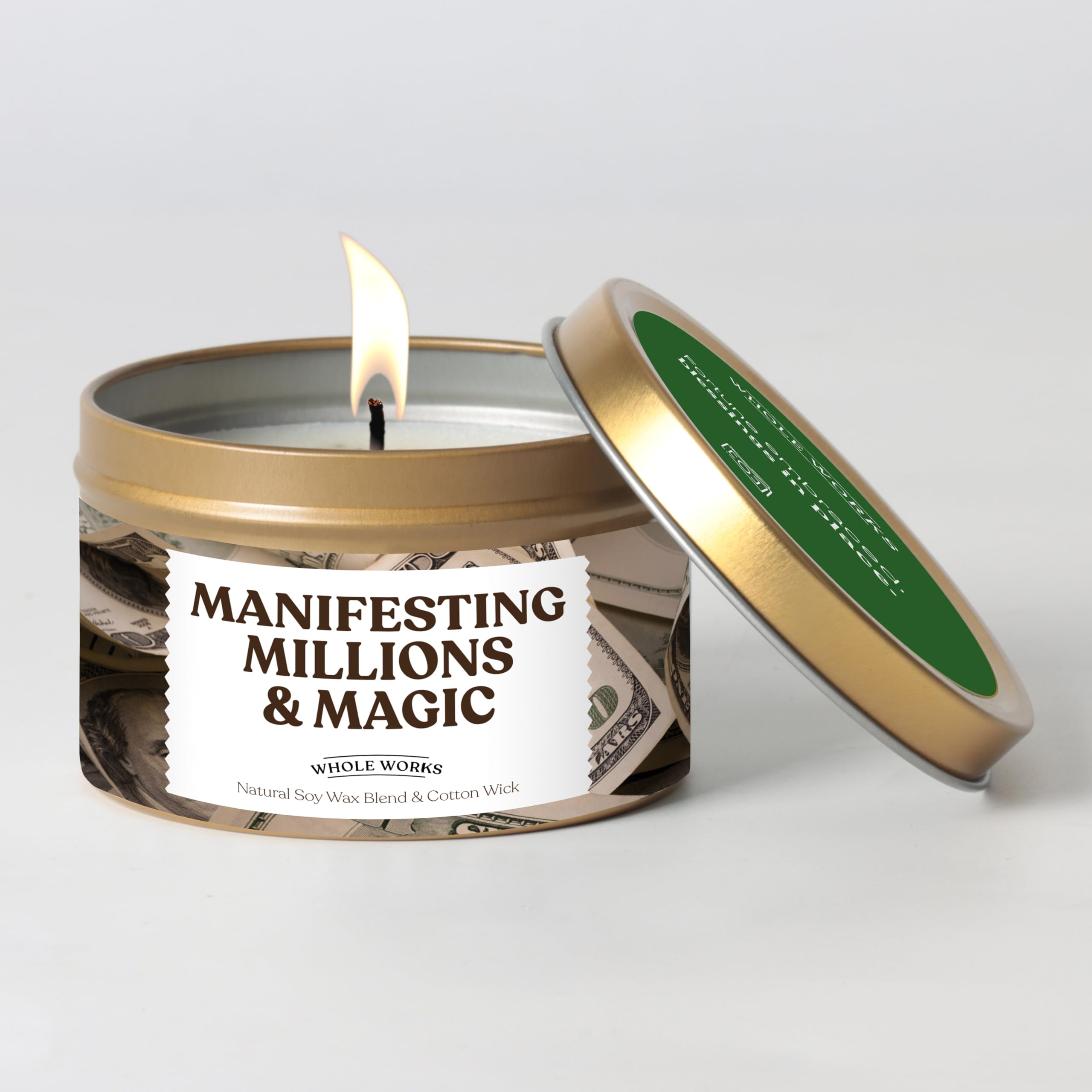 Whole Works money 6oz candle on display, convenient for quick room energizing rituals.