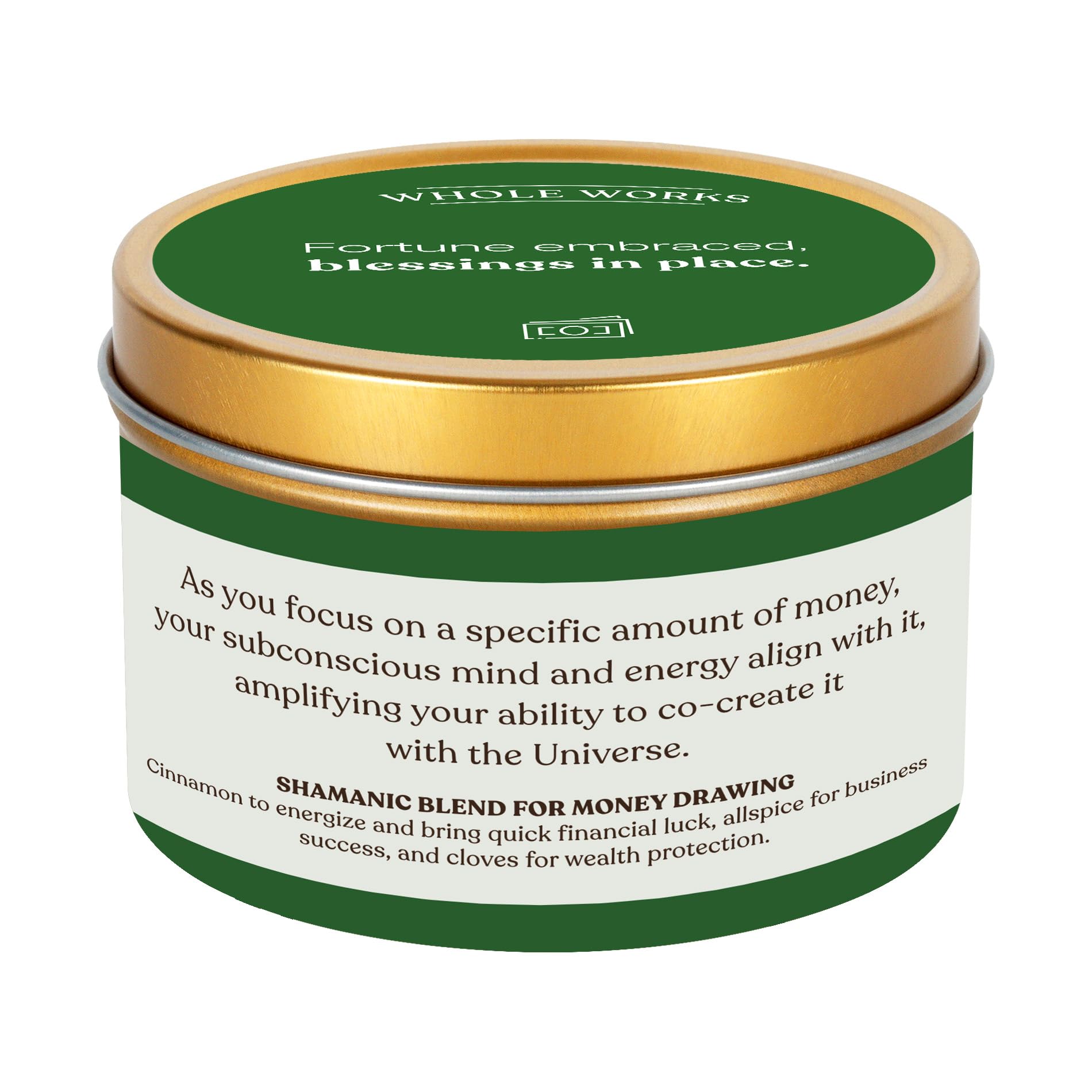 Whole Works money candle packaging close-up highlighting protective packaging.