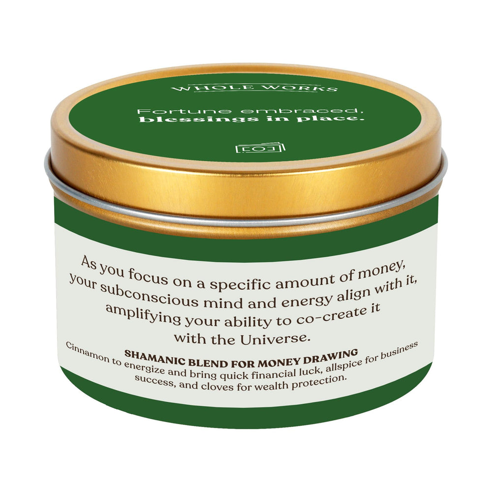 Whole Works money candle packaging close-up highlighting protective packaging.