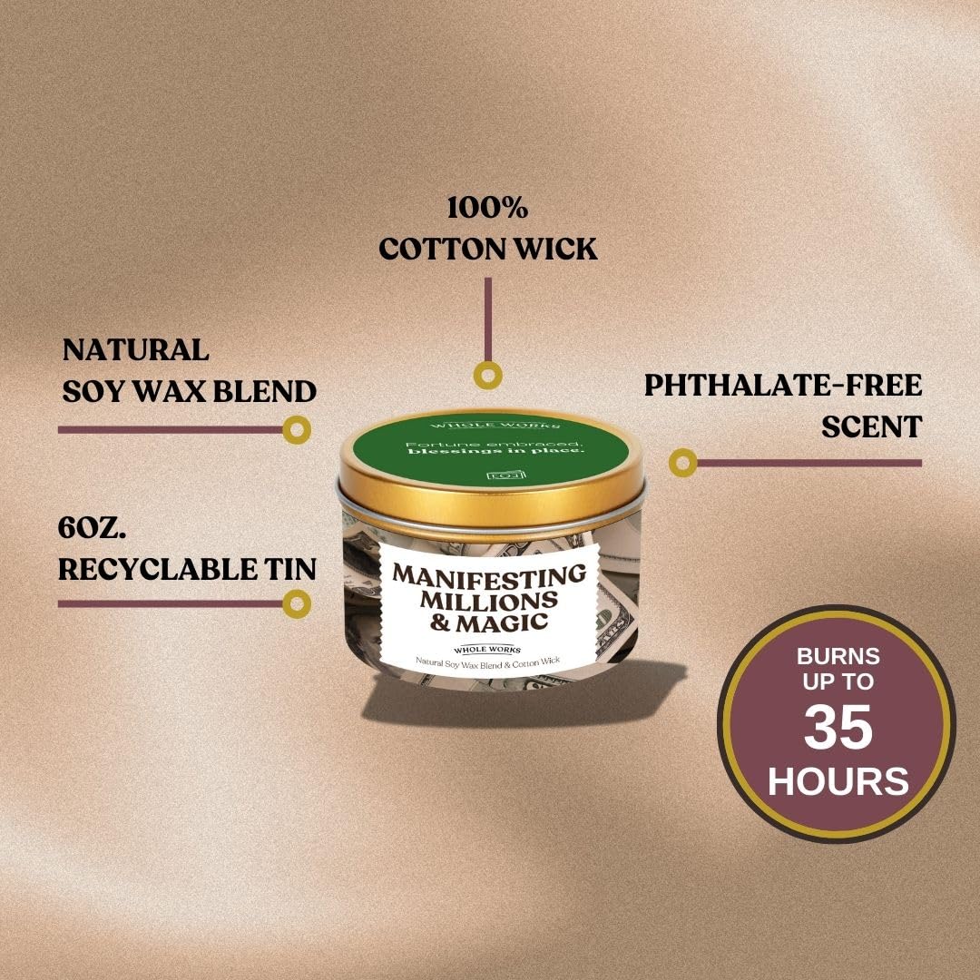 Whole Works energy cleansing candle soy wax detail highlighting paraffin-free formulation for safe home use.