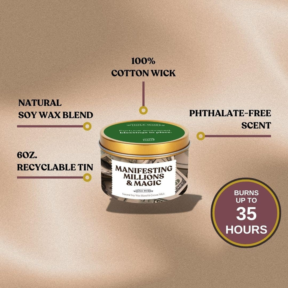 Whole Works energy cleansing candle soy wax detail highlighting paraffin-free formulation for safe home use.