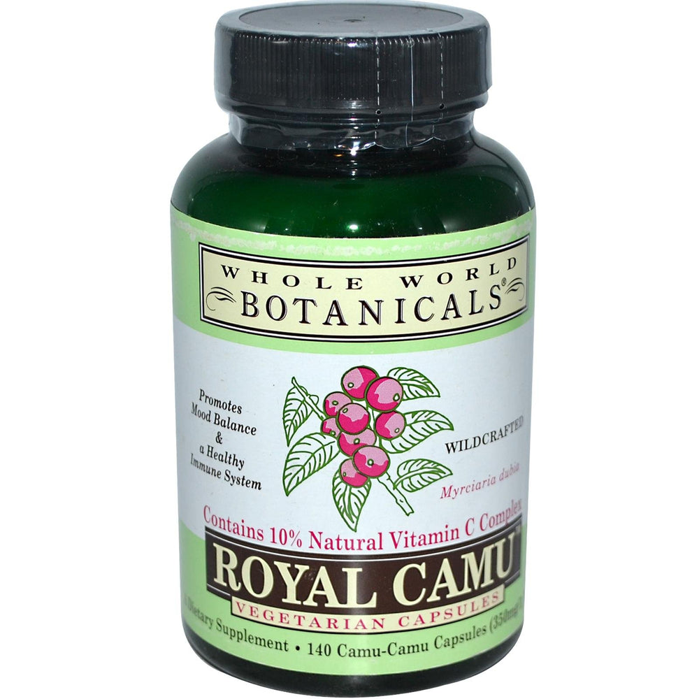 Whole World Botanicals Royal Camu bottle, premium packaging for mood and immune support.