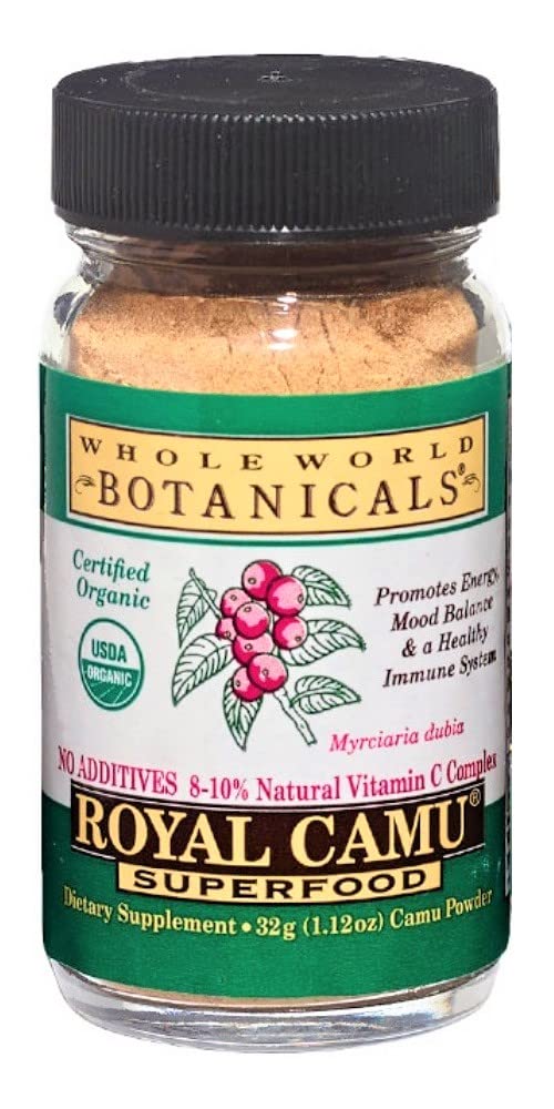 Whole World Botanicals Royal Camu bottle with pure, additive-free powder for immune-supporting smoothies.