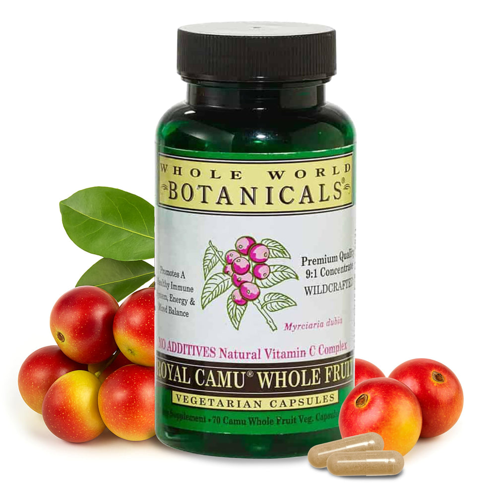 Whole World Botanicals Royal Camu Dark bottle label visible for natural vitamin C focus