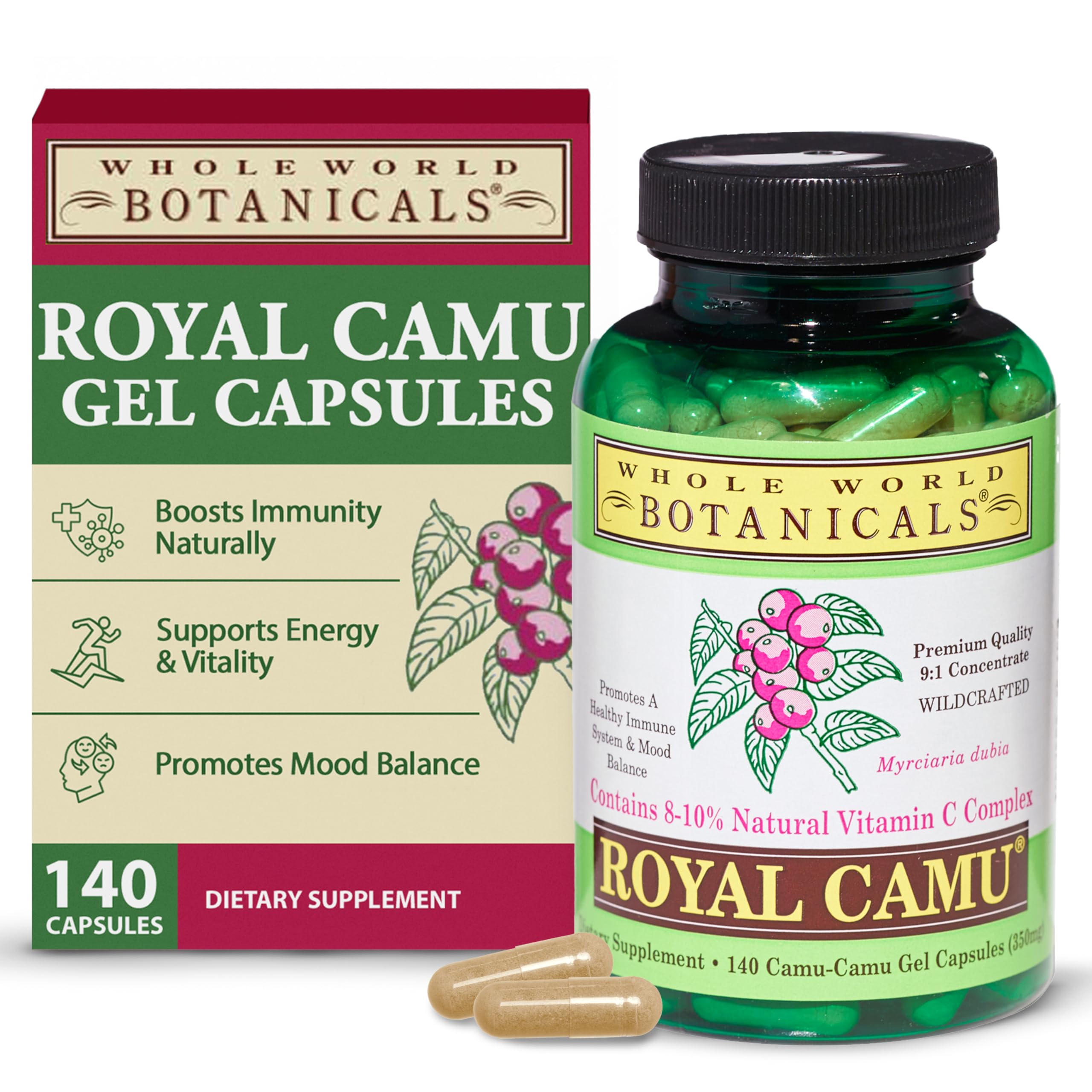 Whole World Botanicals Royal Camu Dark capsules close-up for immune support potential
