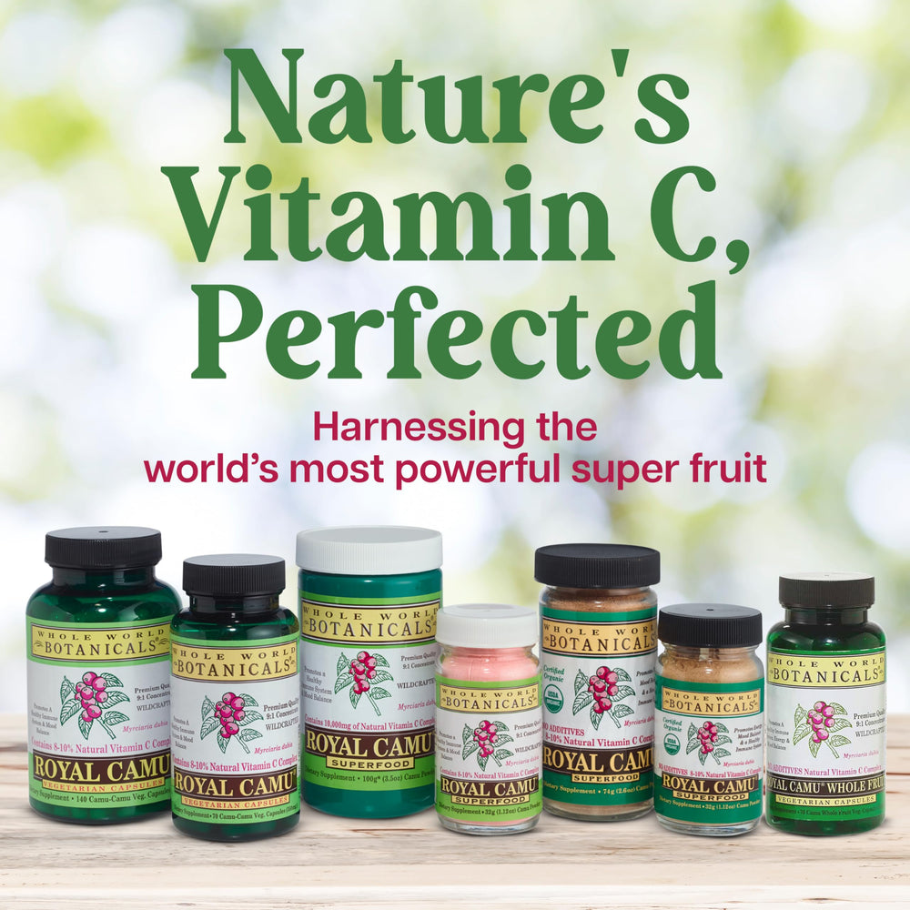 Whole World Botanicals Royal Camu Dark kitchen scene suggesting a daily health routine