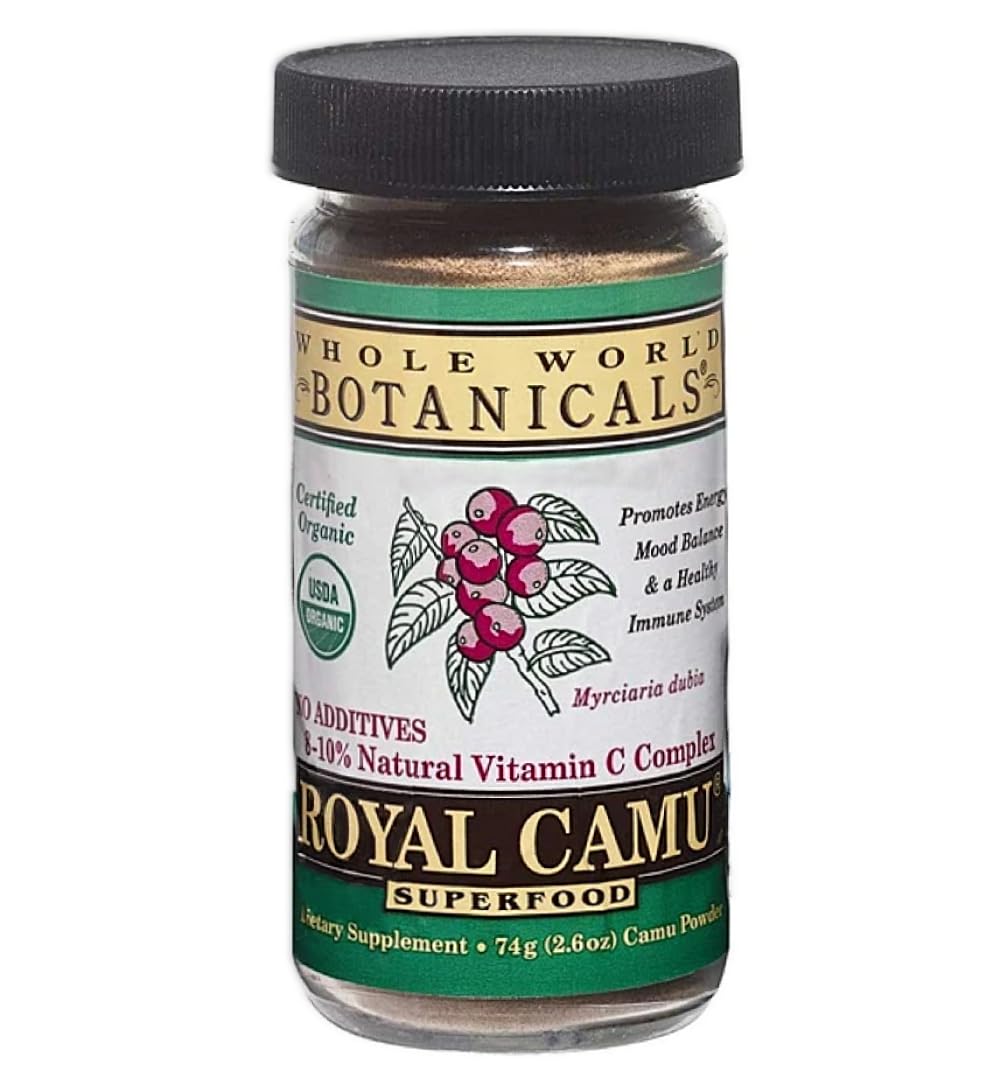Whole World Botanicals Royal Camu Dark Powder in a glass jar preserves natural vitamin C freshness.