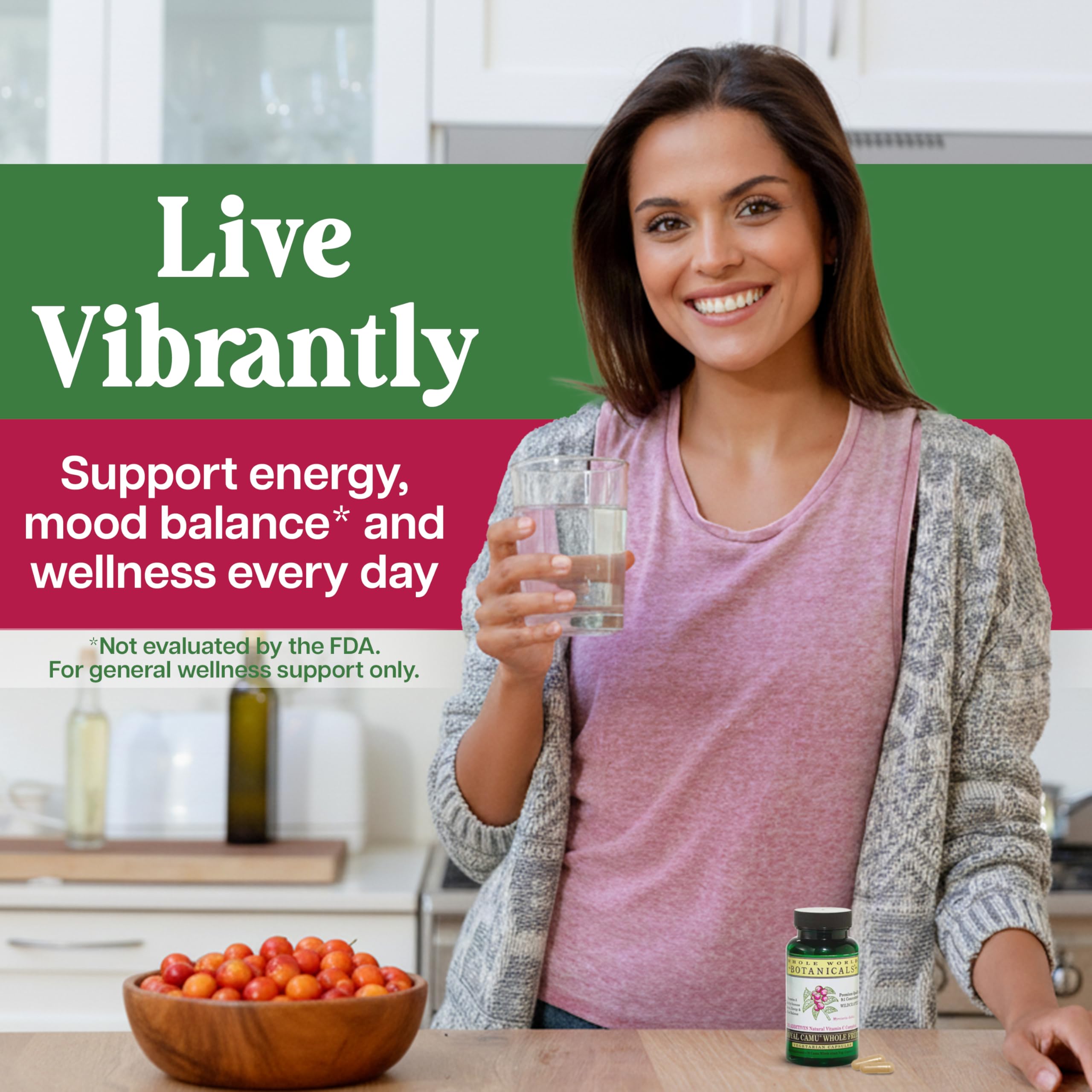 Whole World Botanicals Royal Camu Dark smoothie serving showing vibrant color