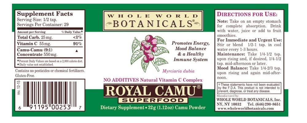 Royal Camu powder close-up highlighting dark whole-fruit form for energy-boosting beverages.