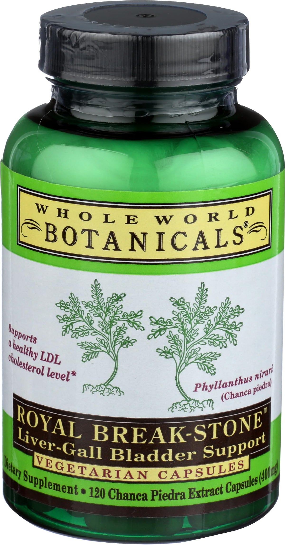 Whole World Botanicals Royal Chanca Piedra bottle with 120 vegetarian capsules for kidney and liver support.