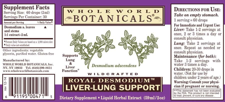 Whole World Botanicals Royal Desmodium label with Fair Trade badge.