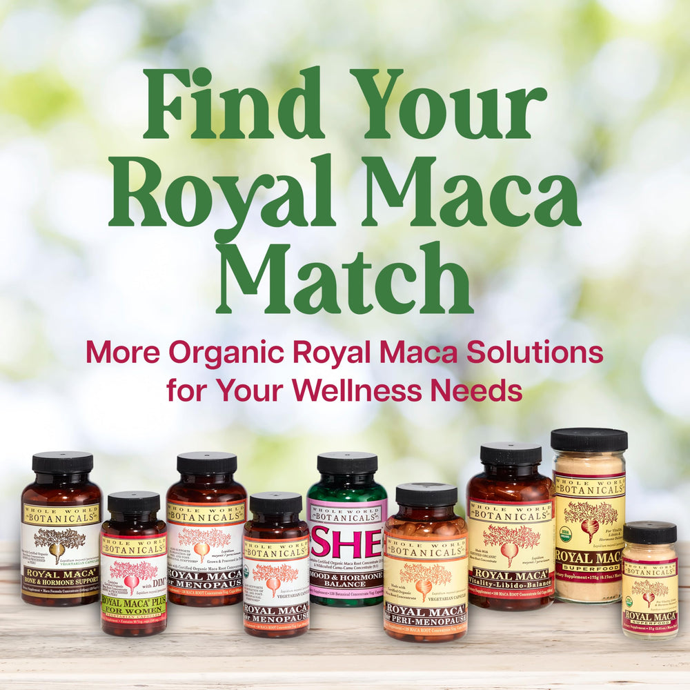 Back label closeup of Whole World Botanicals Royal Maca with directions.