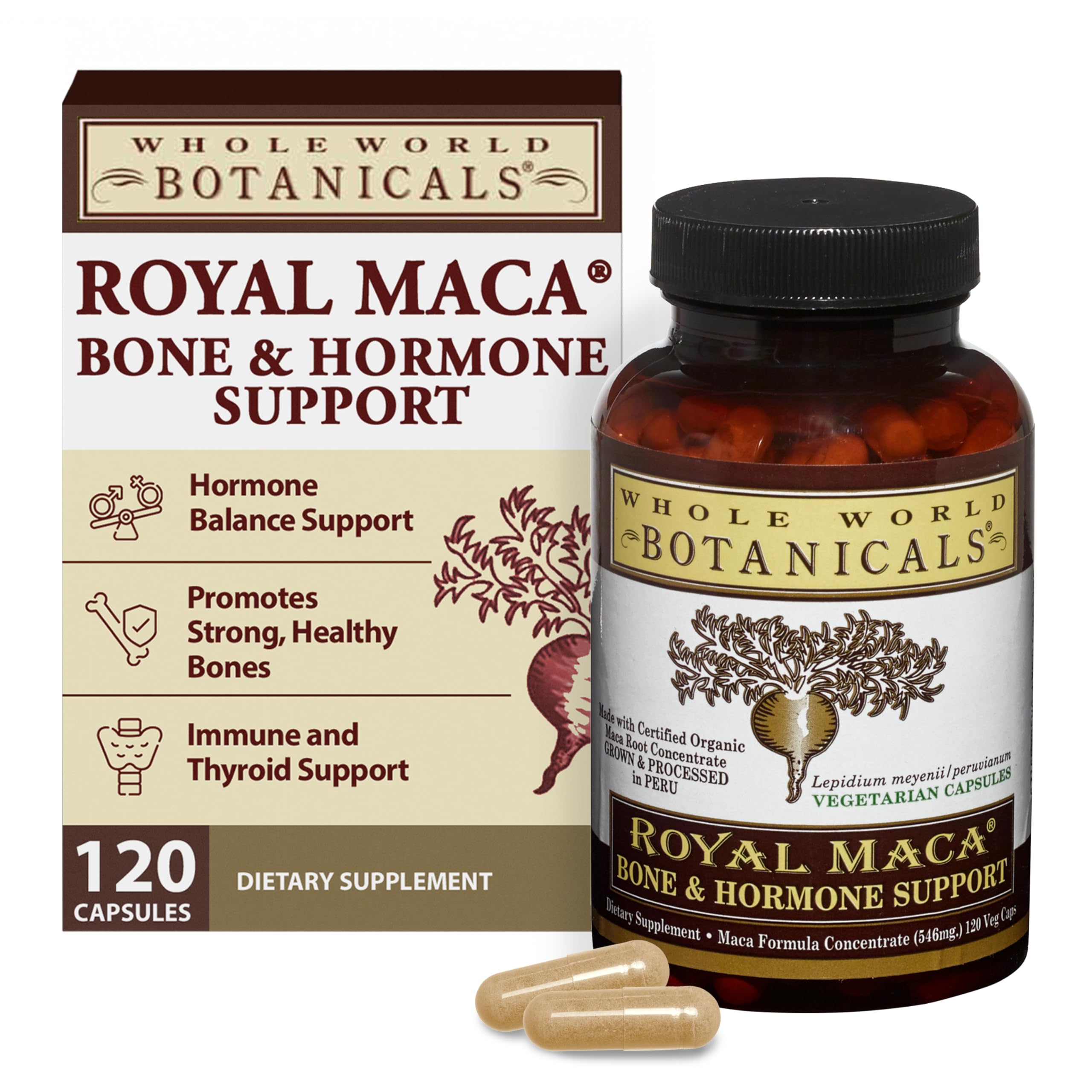 Whole World Botanicals Royal Maca Bone bottle for daily hormonal balance.