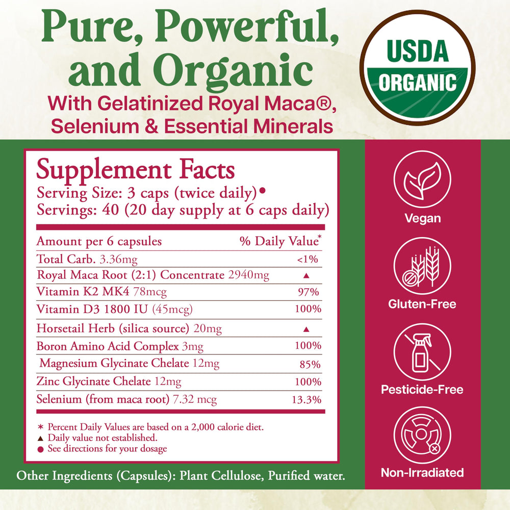 Royal Maca Bone capsules showing smooth texture for daily support.