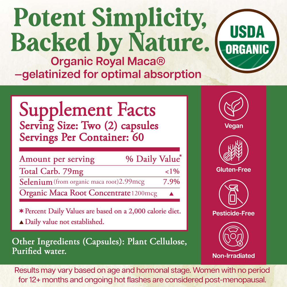 Closeup of Whole World Botanicals Royal Maca capsules for convenient daily use.
