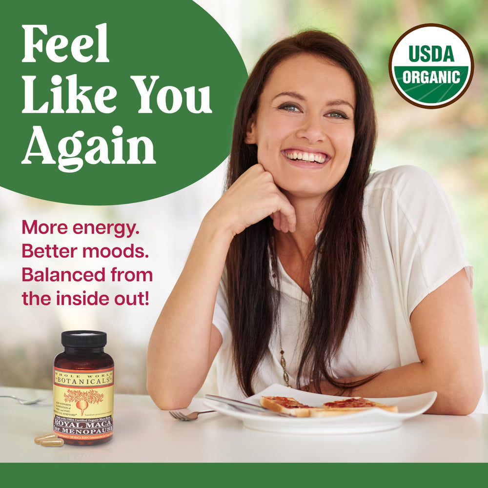 Daily routine scene with Whole World Botanicals Royal Maca suggesting consistent use.