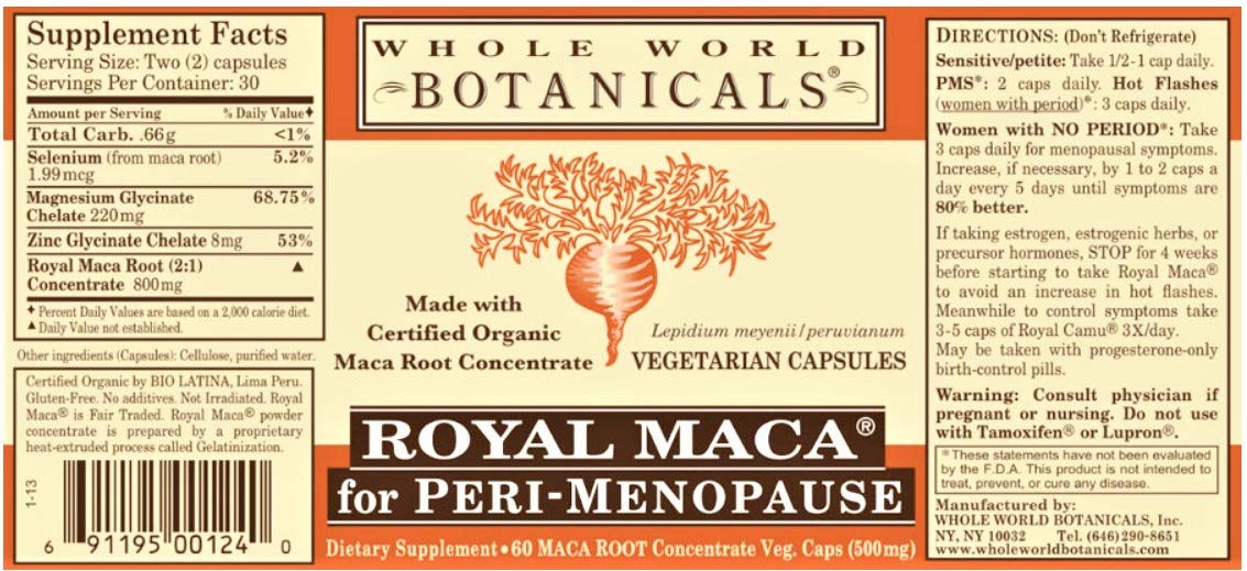 Whole World Botanicals Royal Maca label close-up highlighting organic gluten-free formulation