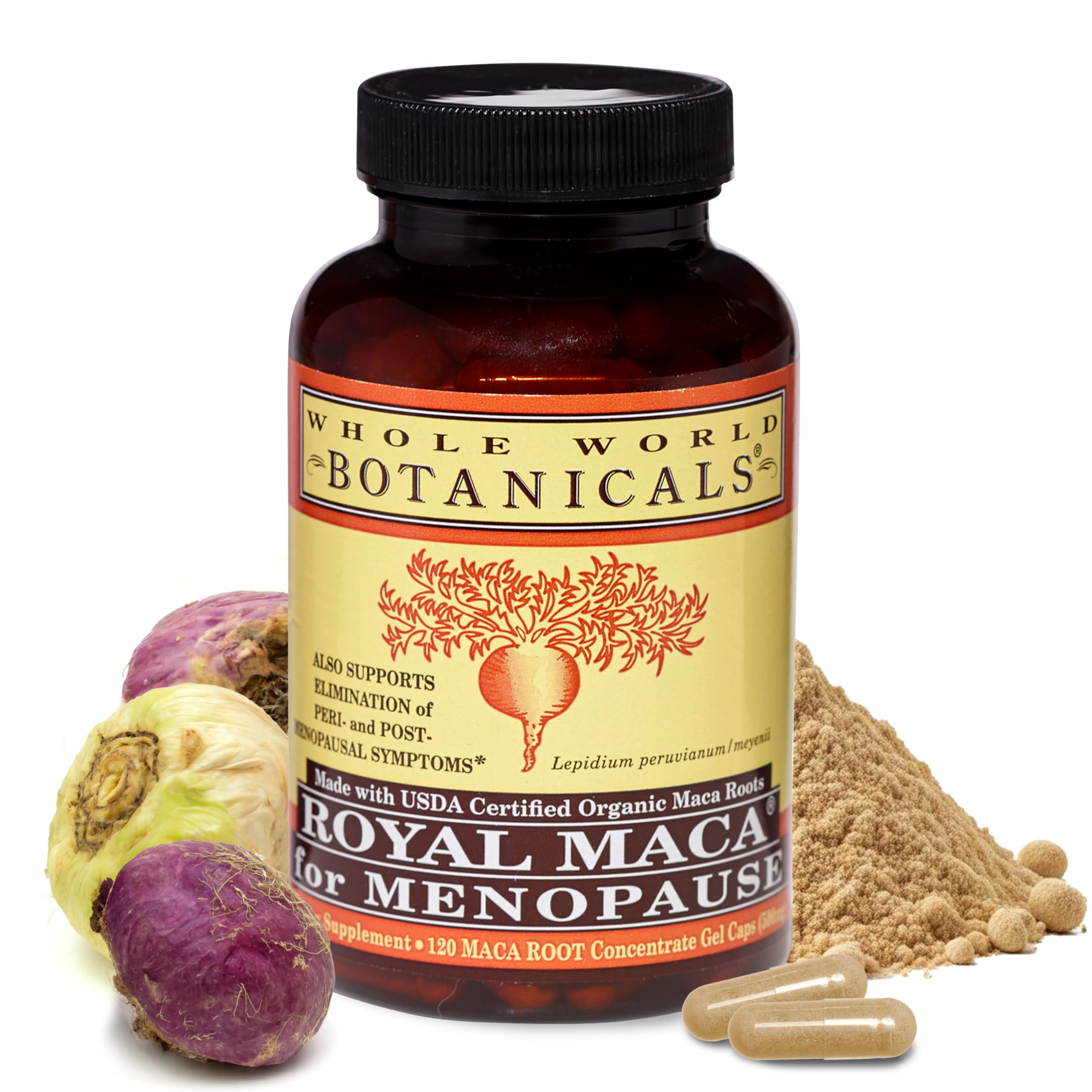 Packaging box of Whole World Botanicals Royal Maca highlighting clean ingredients.