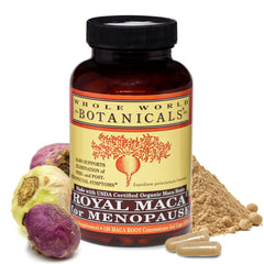 Packaging box of Whole World Botanicals Royal Maca highlighting clean ingredients.