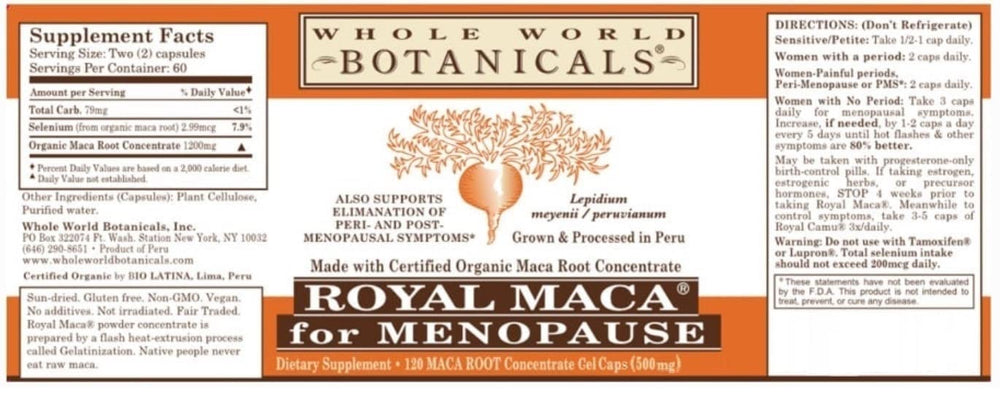 Whole World Royal Maca capsules close-up highlighting natural maca source for daily wellness.