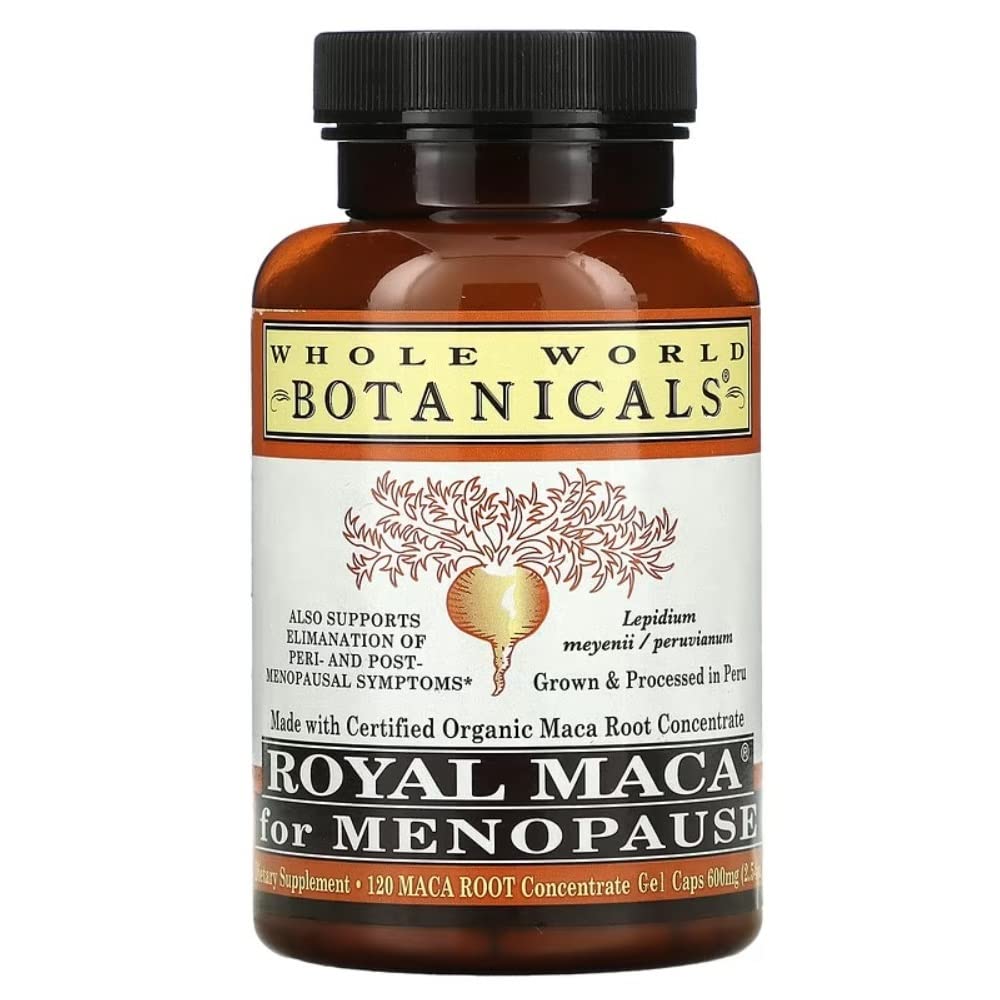 Whole World Royal Maca 120 gel capsules in bottle for menopause support and daily wellness.