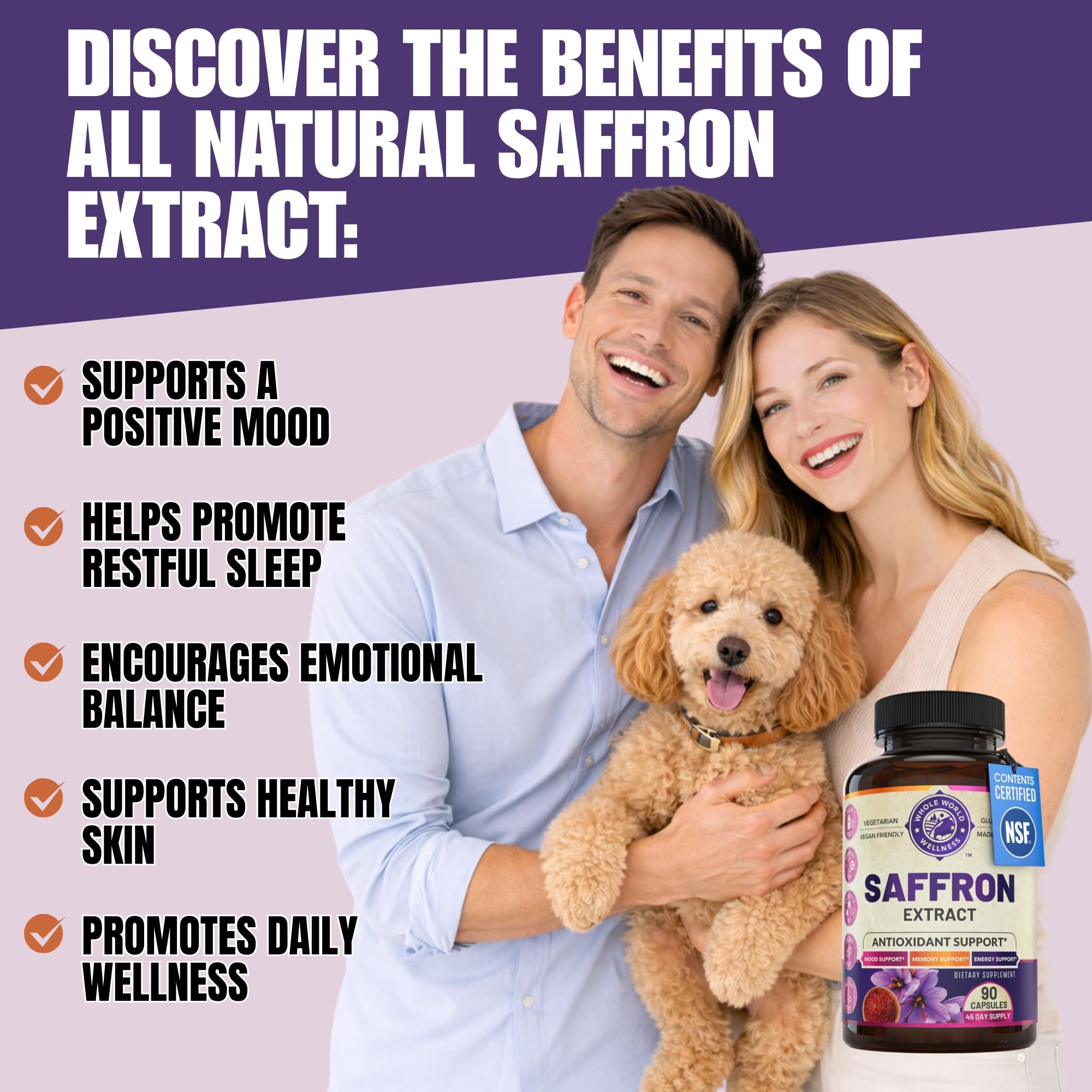 WHOLE WORLD WELLNESS saffron capsules on a tray support daily wellness.