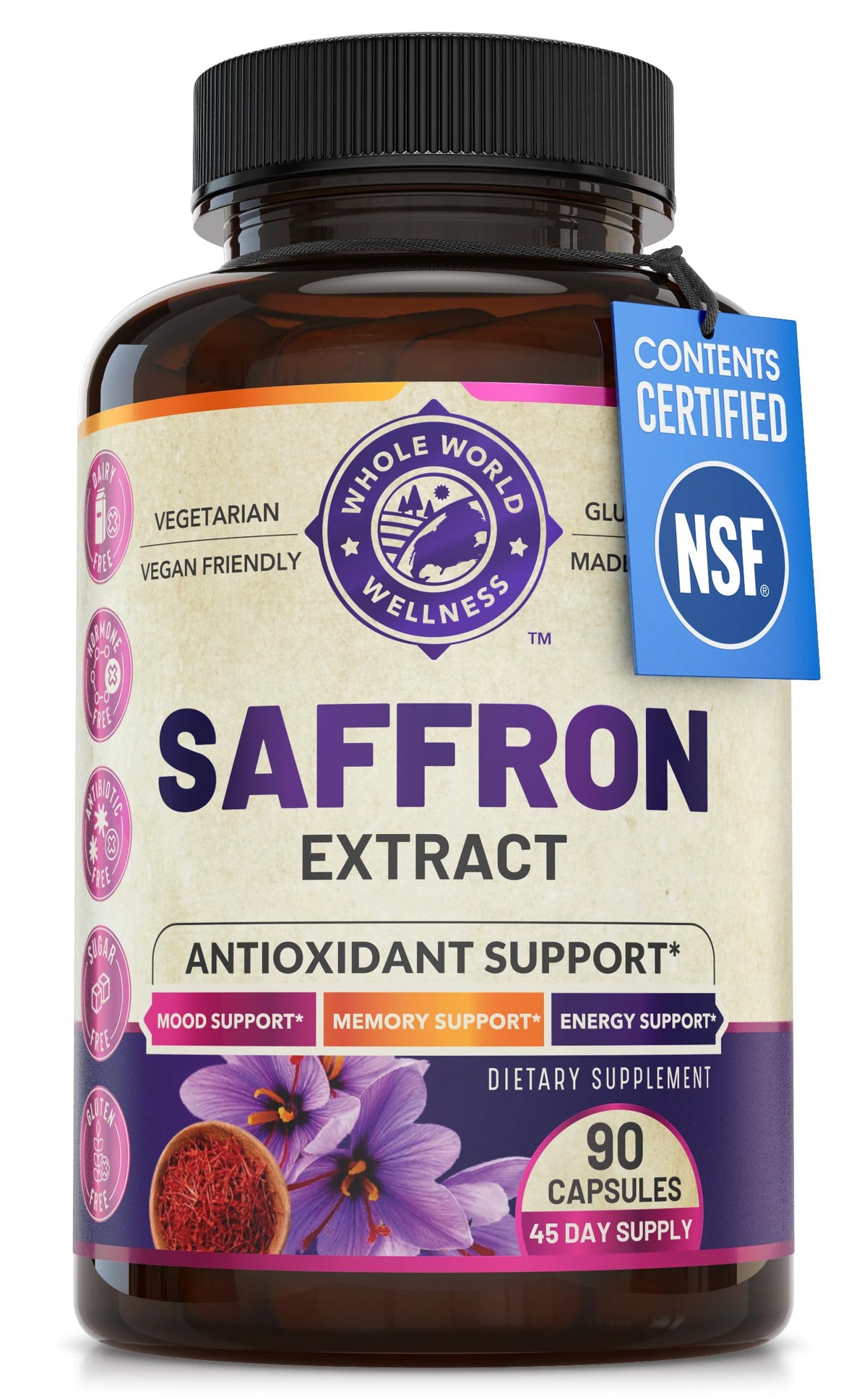 WHOLE WORLD WELLNESS saffron extract bottle promotes mood and focus.