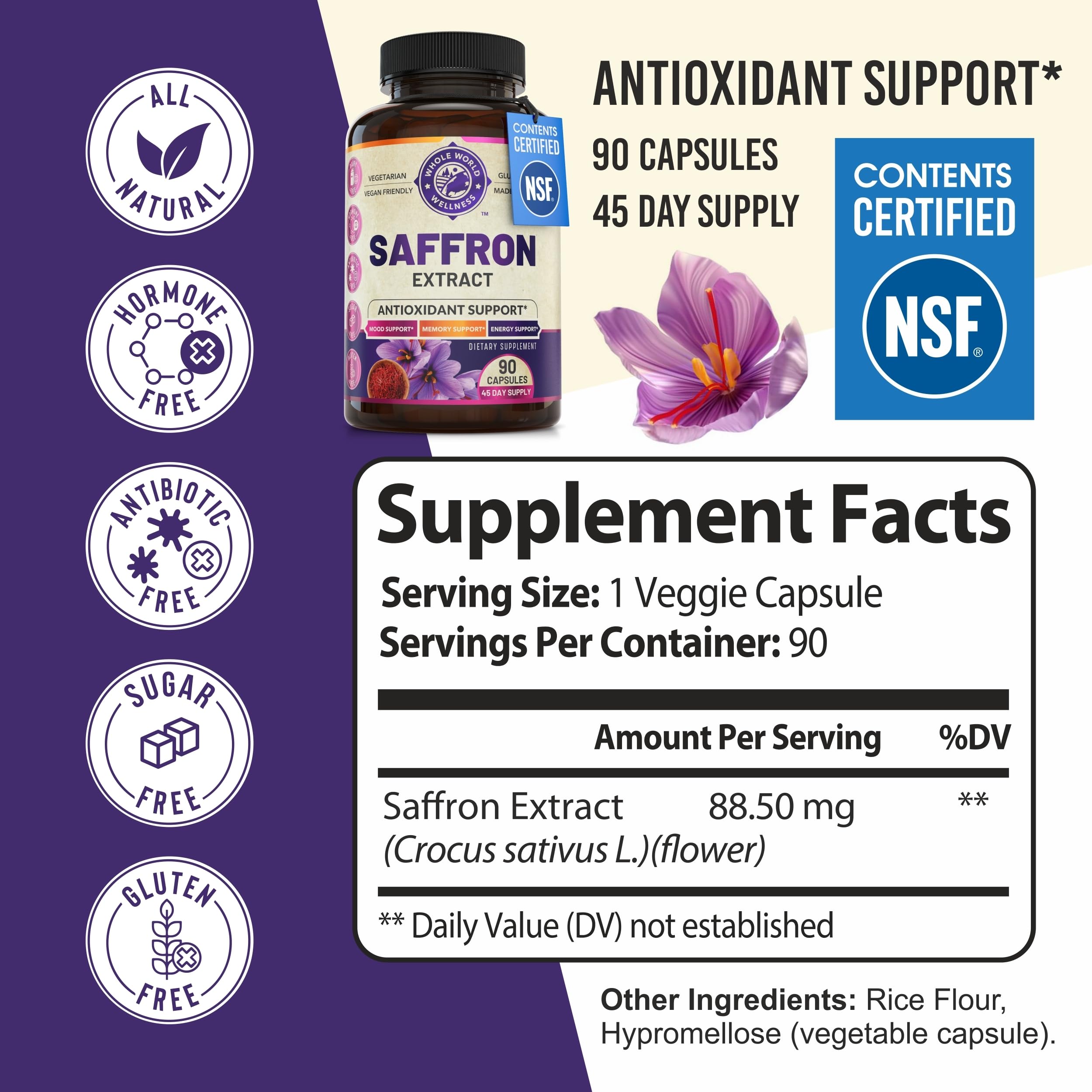 WHOLE WORLD WELLNESS saffron threads close-up highlights vibrant natural color.