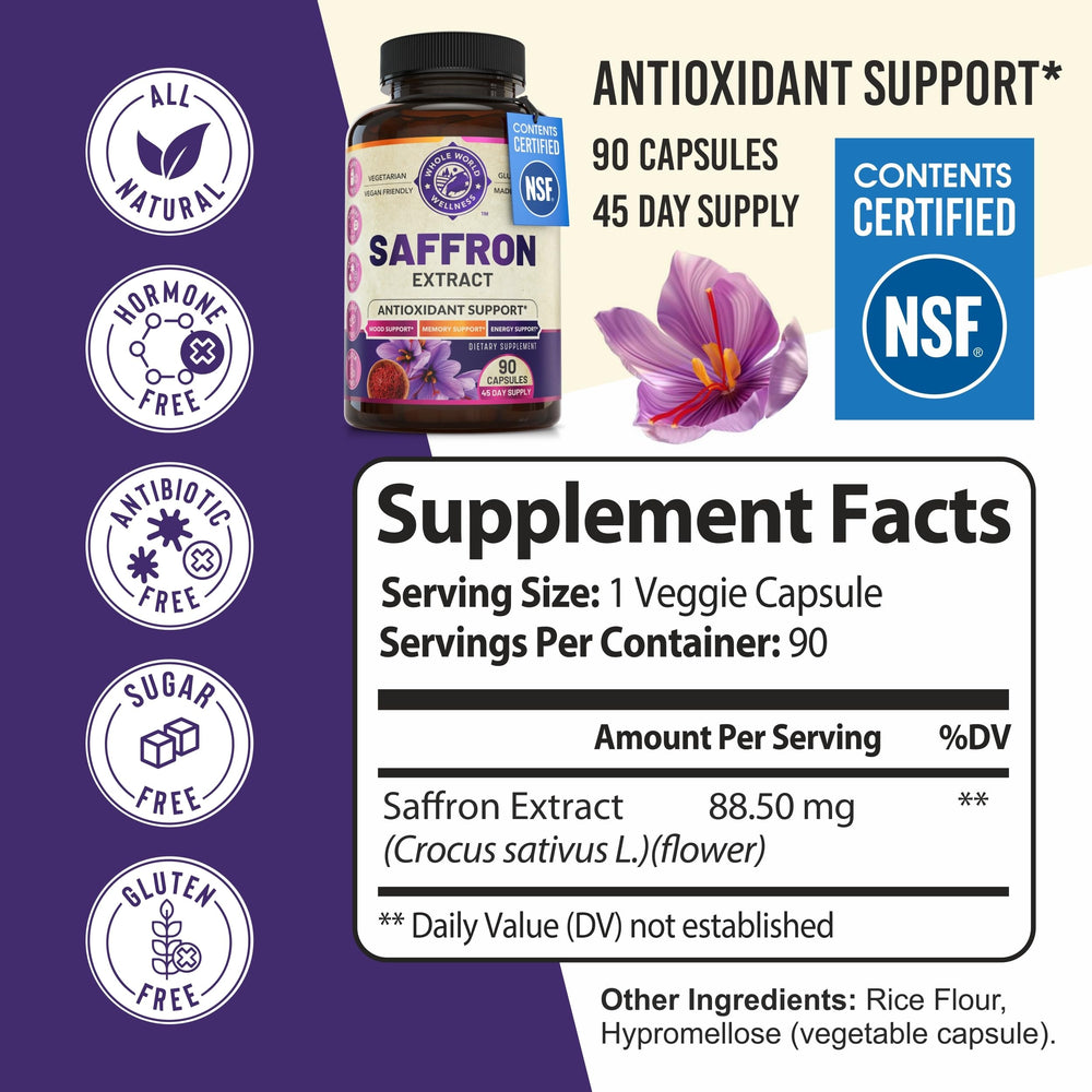 WHOLE WORLD WELLNESS saffron threads close-up highlights vibrant natural color.