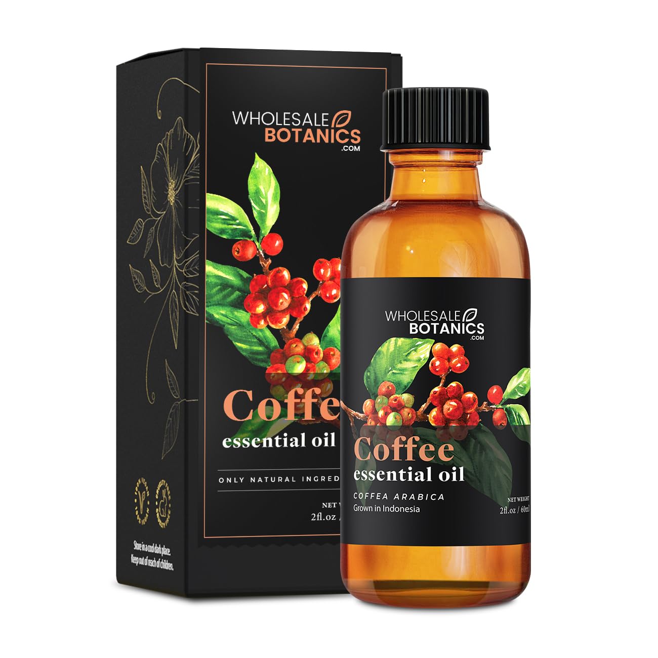 Wholesale Botanics Coffee Essential Oil bottle pour—bold aroma for candles and diffusers.