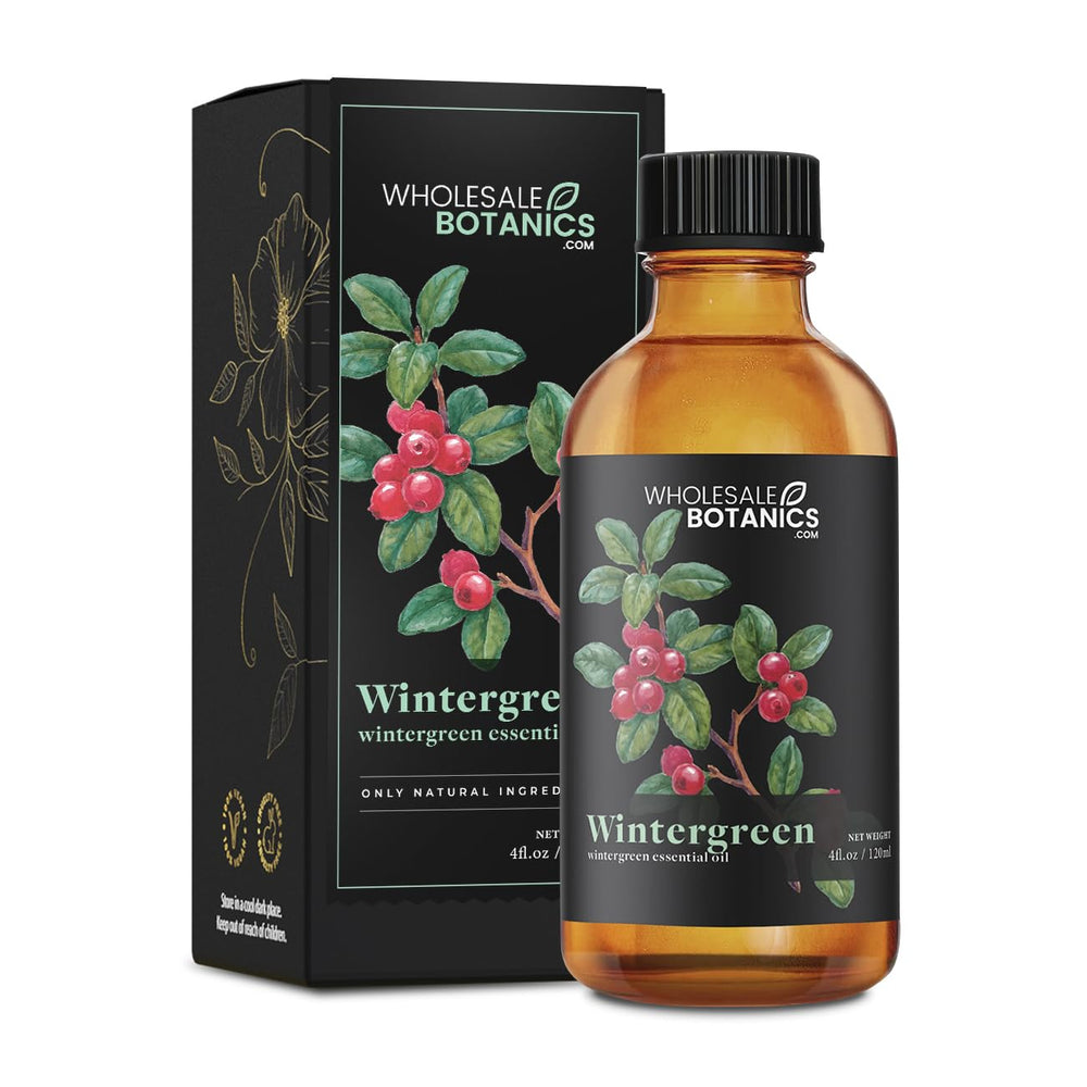 Wholesale Botanics Wintergreen essential oil label shows batch and purity for DIY projects