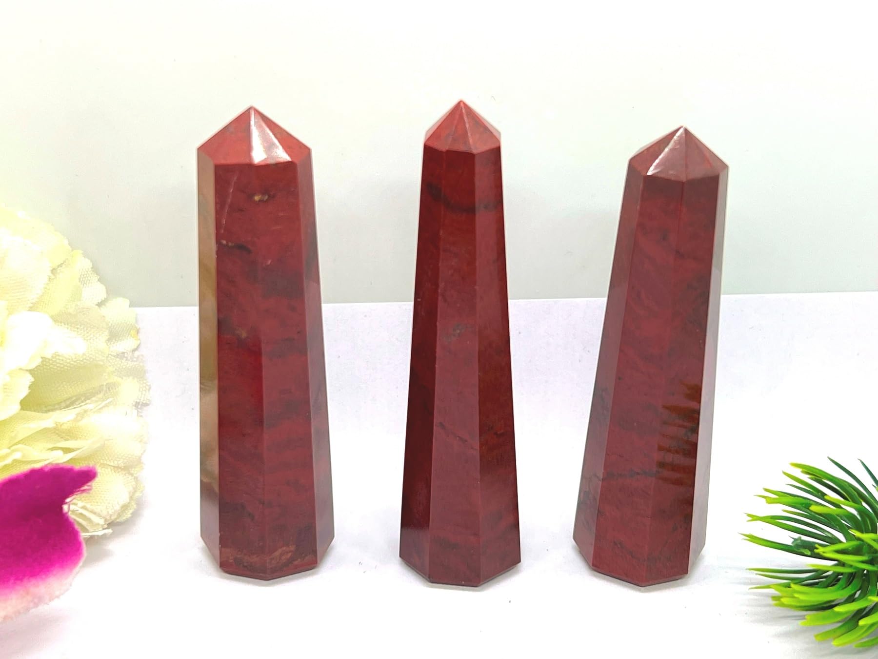 Wholesale Gem Shop red jasper obelisk 70mm polished surface highlights smooth shine for shelf décor