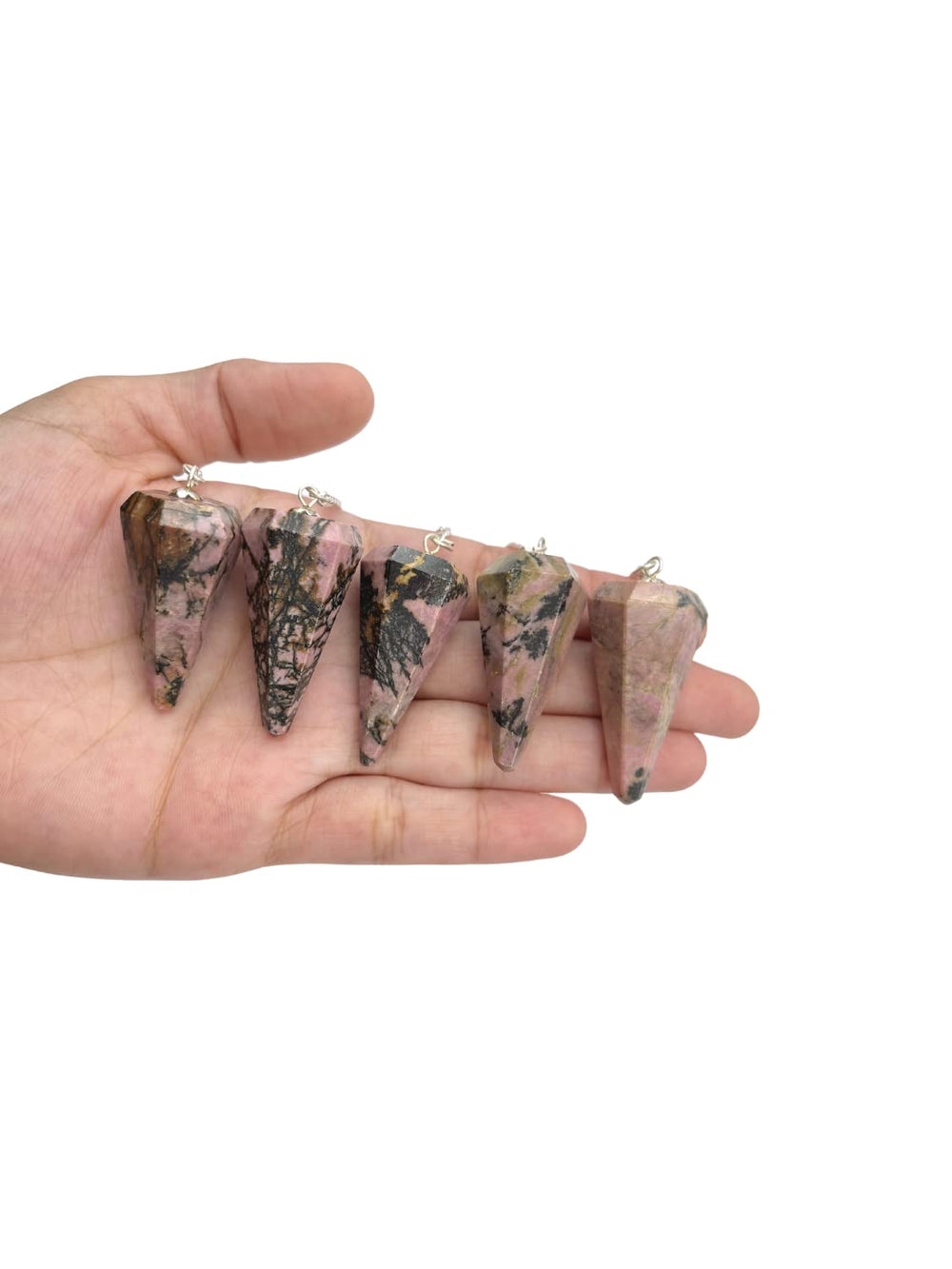 Wholesale Gem Shop rhodonite pendulum cord suspension as a simple dowsing tool
