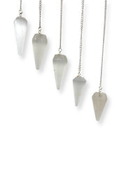Wholesale Gem Shop selenite pendulum gift with velvet pouch.