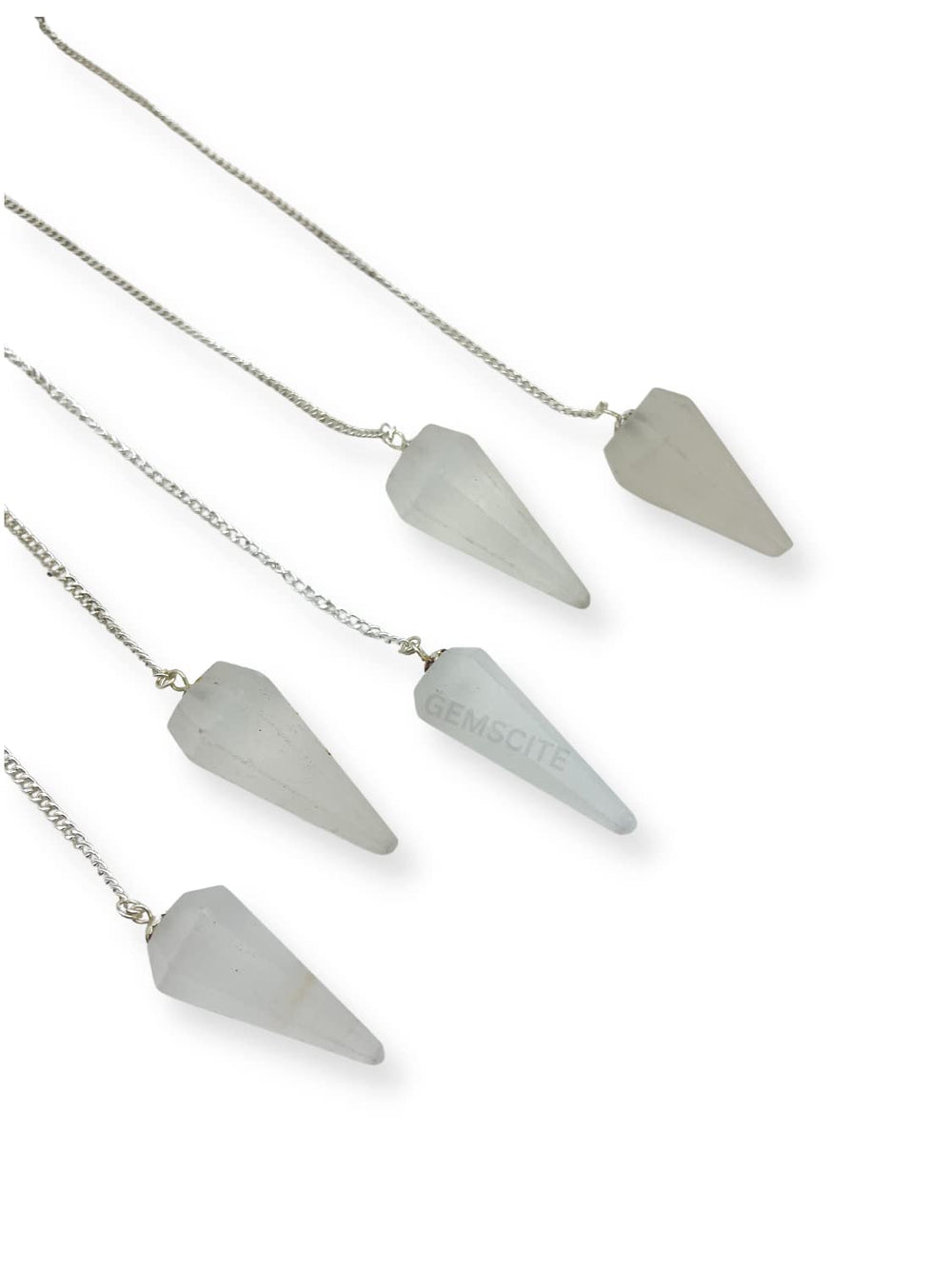 Wholesale Gem Shop selenite pendulum side view with hexagon facet.