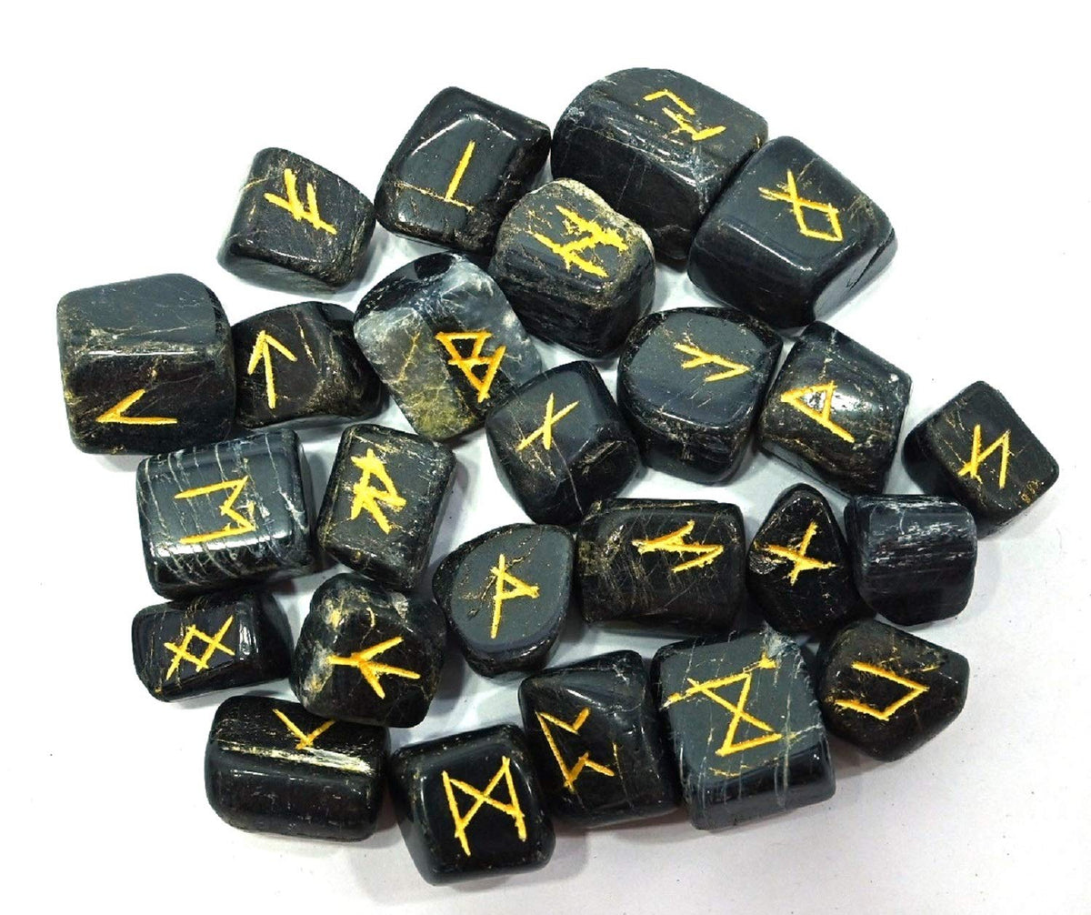 WholesaleGemShop Black Tourmaline Rune Set with velvet bag for meditation and focus
