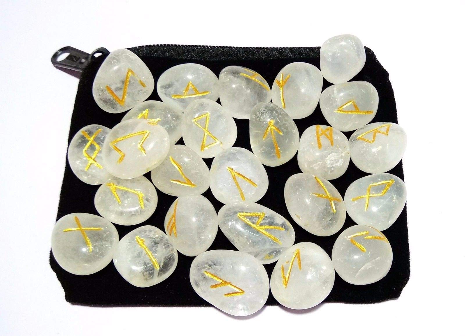 WholesaleGemShop clear quartz rune set with velvet bag for meditation and divination