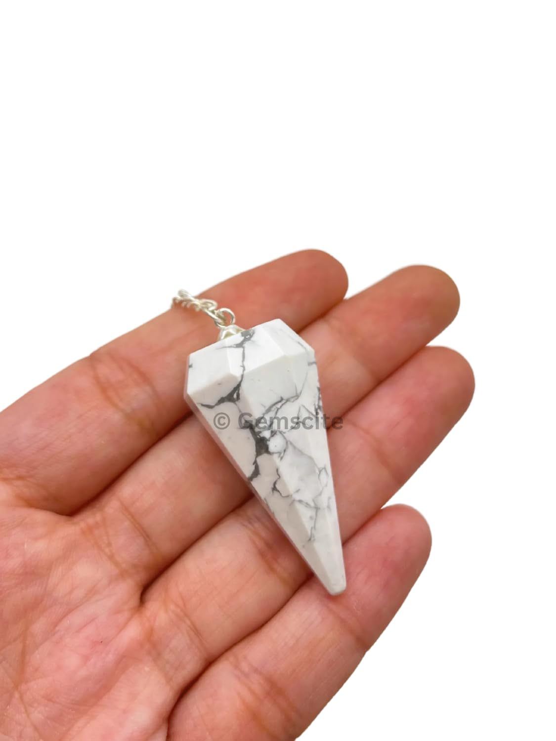 WholesaleGemShop Howlite pendulum mid-shot emphasizes calm energy cues.