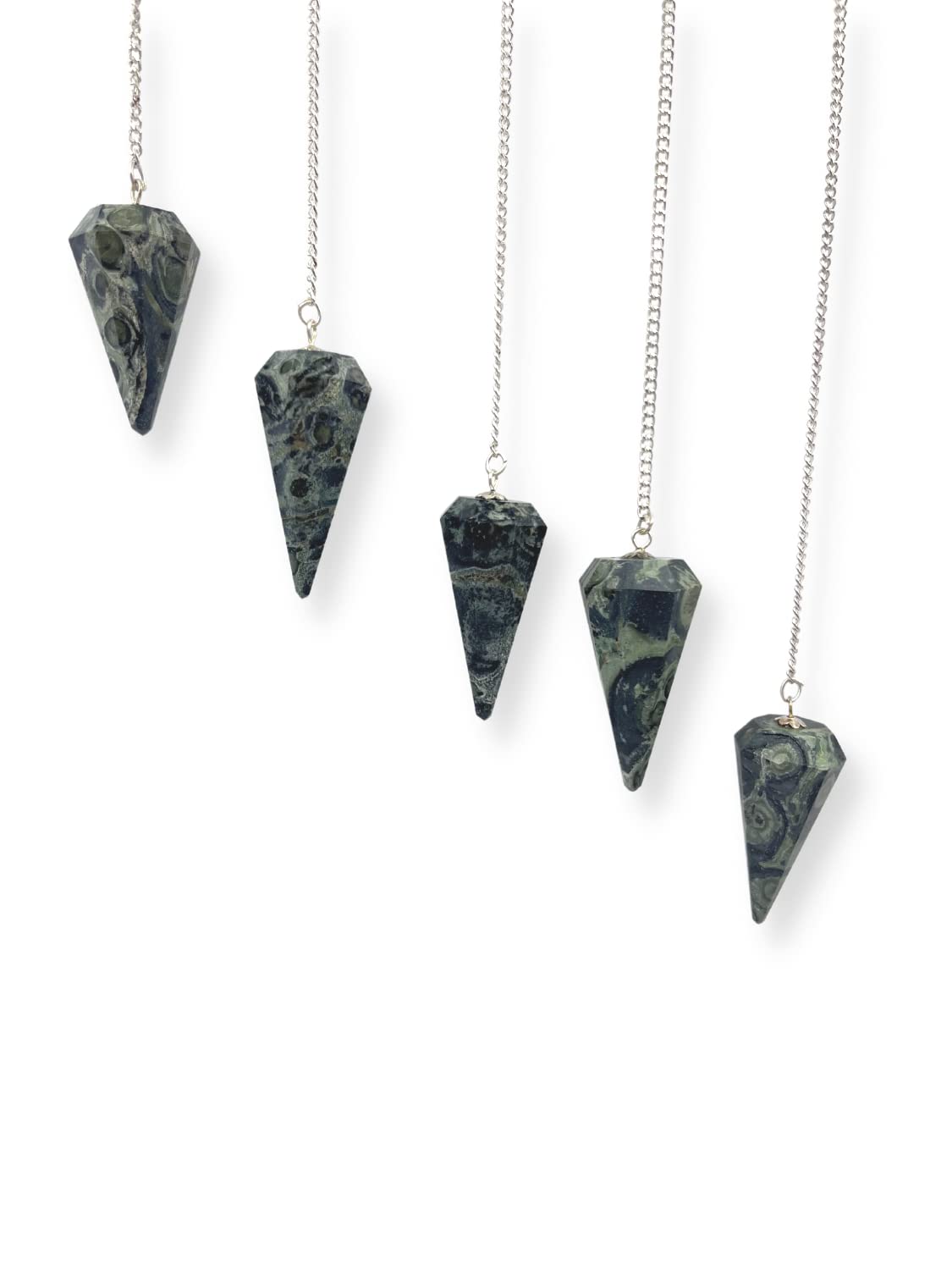 Wholesale Gem Shop Kambaba Jasper Pendulum angle highlights the hexagonal point for intuitive dowsing.