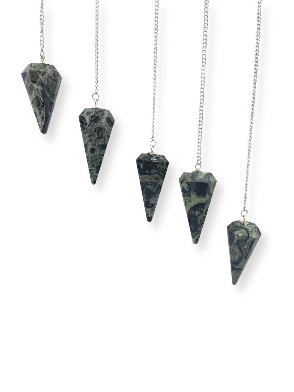 Wholesale Gem Shop Kambaba Jasper Pendulum angle highlights the hexagonal point for intuitive dowsing.
