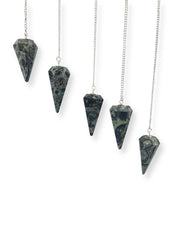 Wholesale Gem Shop Kambaba Jasper Pendulum angle highlights the hexagonal point for intuitive dowsing.
