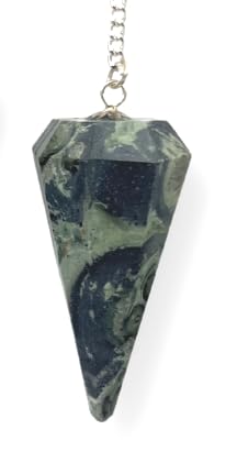 Wholesale Gem Shop Kambaba Jasper Pendulum closeup shows lush green swirls for focused meditation.
